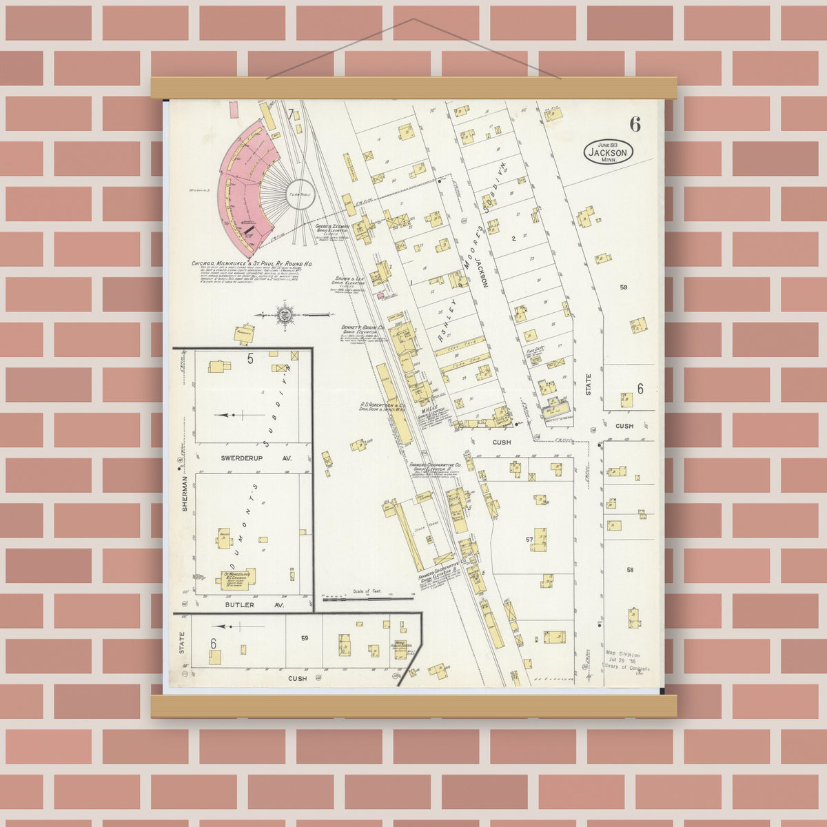 Old map wall art mockup — magnetic wood frame on brick wall — Sanborn Fire Insurance Map from Jackson, Jackson County, Minnesota (1913), Sheet #0006