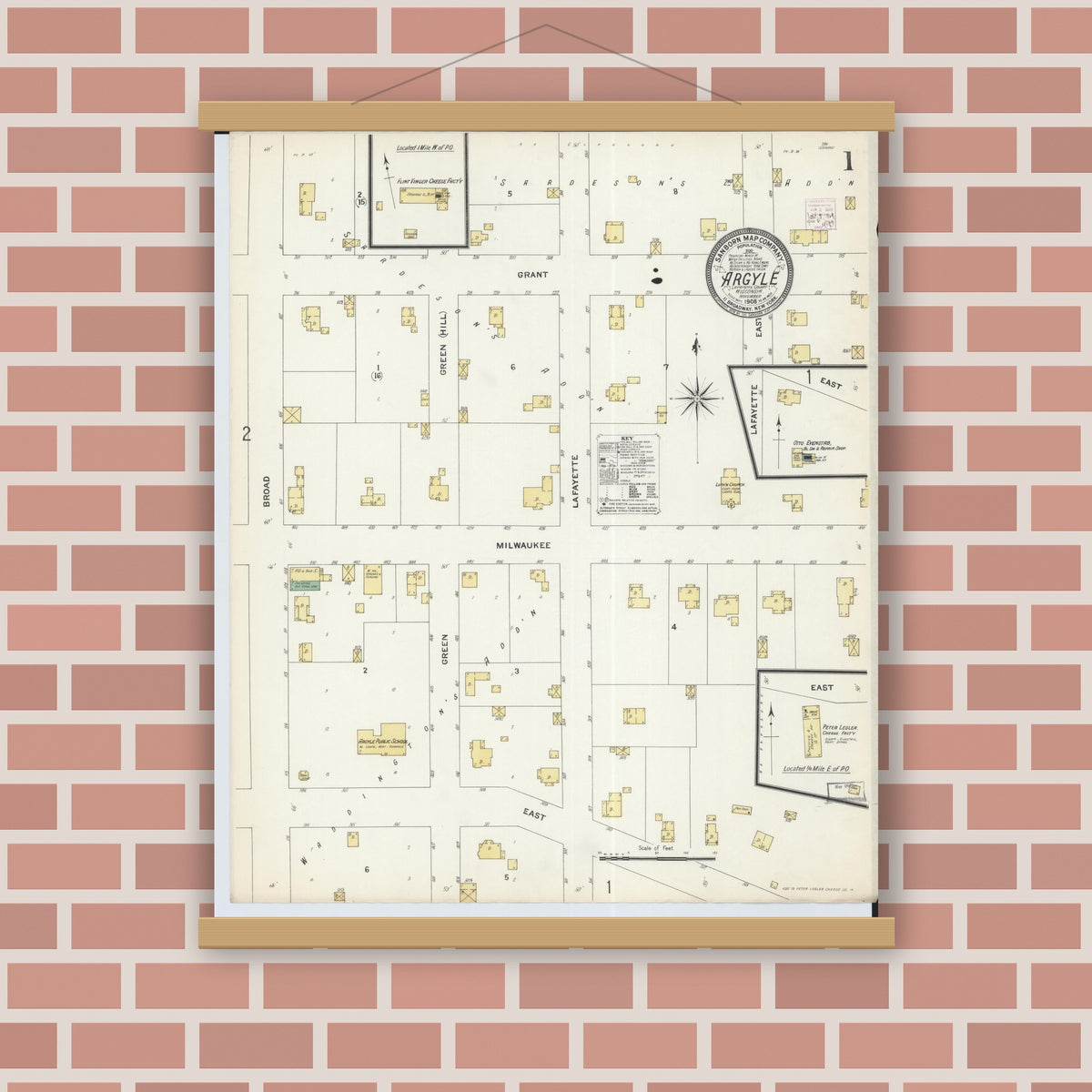 Old map wall art mockup — magnetic wood frame on brick wall — Sanborn Fire Insurance Map from Argyle, Lafayette County, Wisconsin (1908) - Complete Map Set