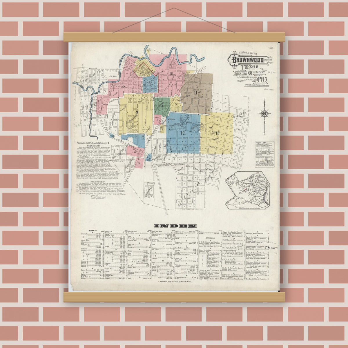Old map wall art mockup — magnetic wood frame on brick wall — Sanborn Fire Insurance Map from Brownwood, Brown County, Texas (1915) - Complete Map Set