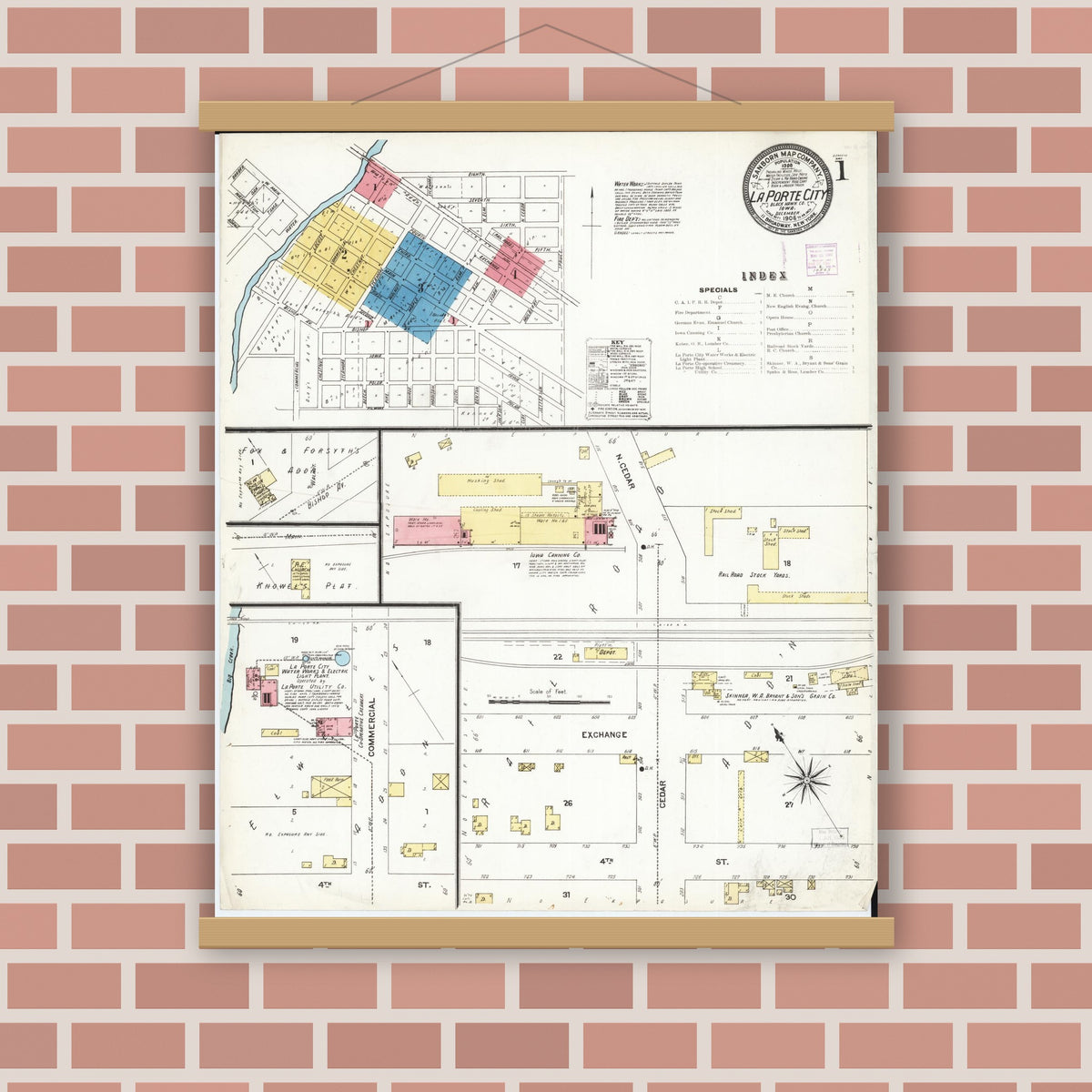 Old map wall art mockup — magnetic wood frame on brick wall — Sanborn Fire Insurance Map from La Porte City, Black Hawk County, Iowa (1906), Sheet #0001