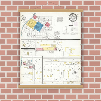 Old map wall art mockup — magnetic wood frame on brick wall — Sanborn Fire Insurance Map from La Porte City, Black Hawk County, Iowa (1906), Sheet #0001