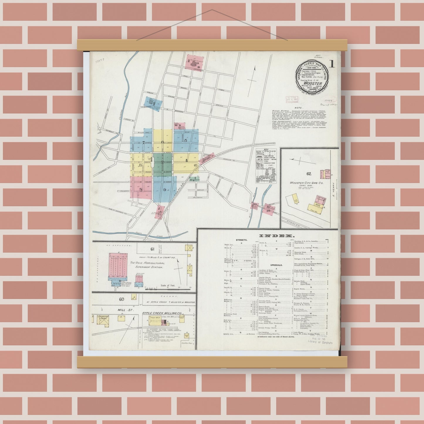 Old map wall art mockup — magnetic wood frame on brick wall — Sanborn Fire Insurance Map from Wooster, Wayne County, Ohio (1892), Sheet #0001