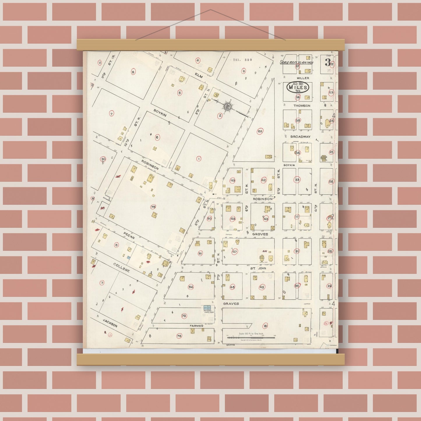 Old map wall art mockup — magnetic wood frame on brick wall — Sanborn Fire Insurance Map from Miles, Runnels County, Texas (1936), Sheet #0003