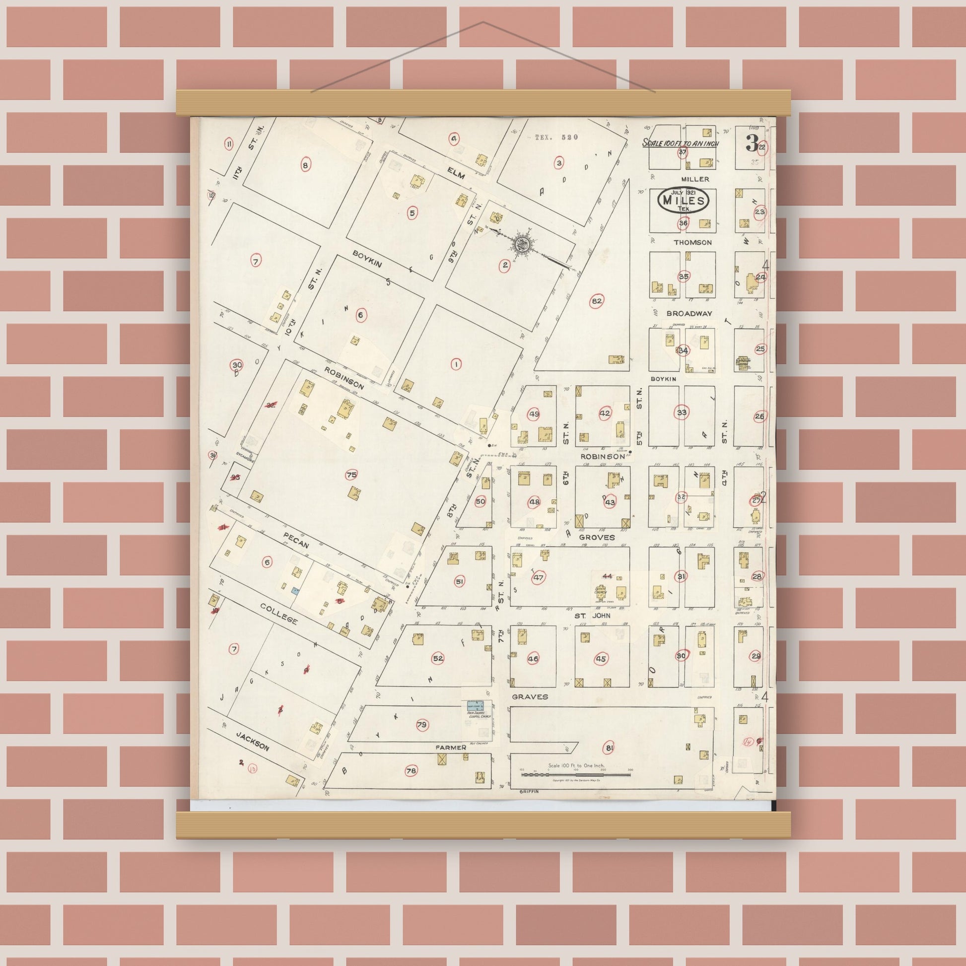Old map wall art mockup — magnetic wood frame on brick wall — Sanborn Fire Insurance Map from Miles, Runnels County, Texas (1936), Sheet #0003