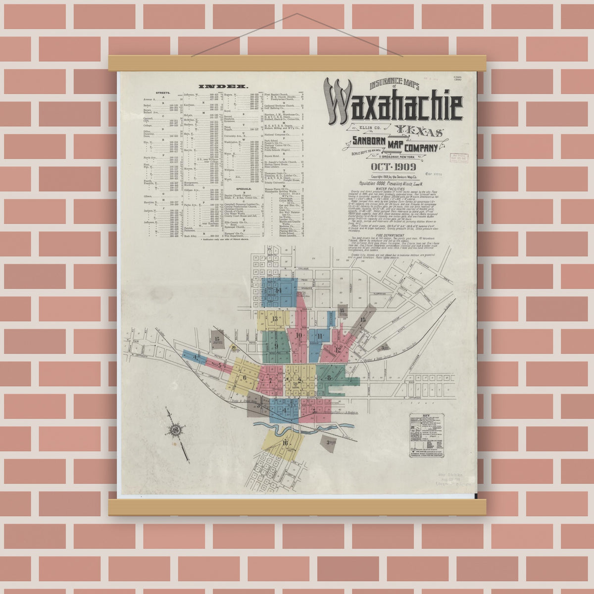 Old map wall art mockup — magnetic wood frame on brick wall — Sanborn Fire Insurance Map from Waxahachie, Ellis County, Texas (1909) - Complete Map Set
