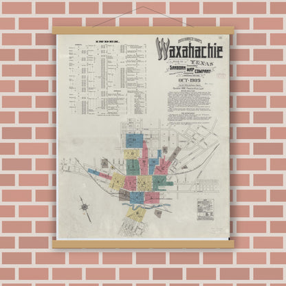 Old map wall art mockup — magnetic wood frame on brick wall — Sanborn Fire Insurance Map from Waxahachie, Ellis County, Texas (1909) - Complete Map Set
