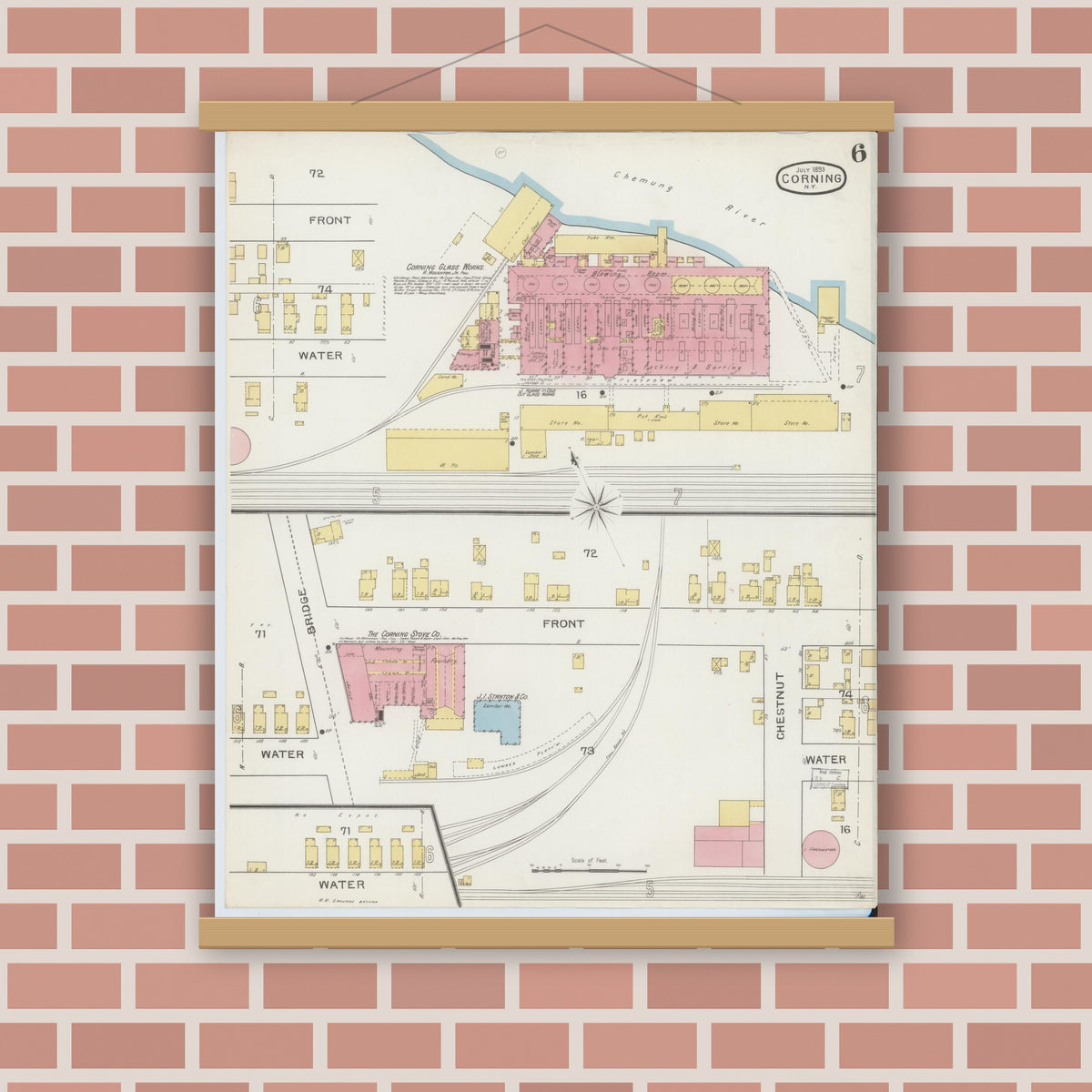 Old map wall art mockup — magnetic wood frame on brick wall — Sanborn Fire Insurance Map from Corning, Steuben County, New York (1893), Sheet #0006
