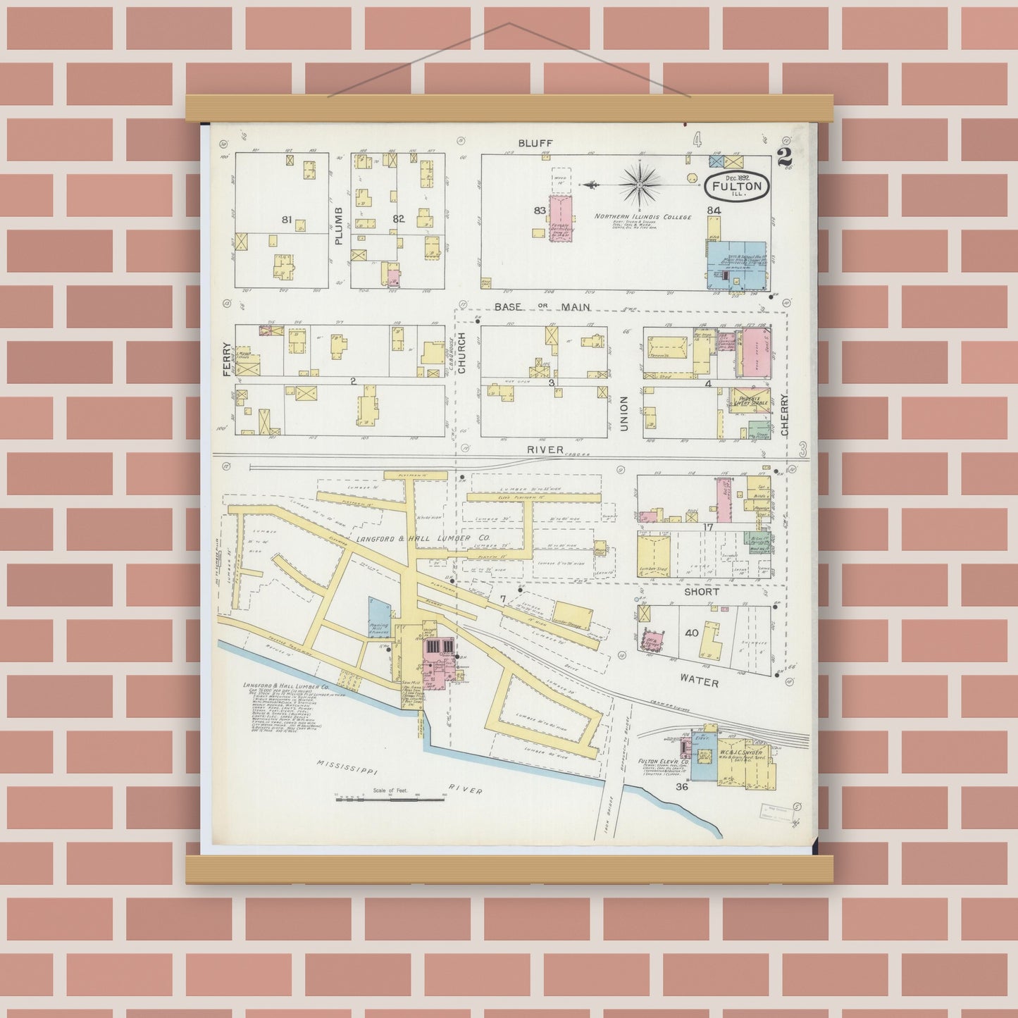 Old map wall art mockup — magnetic wood frame on brick wall — Sanborn Fire Insurance Map from Fulton, Whiteside County, Illinois (1892), Sheet #0002
