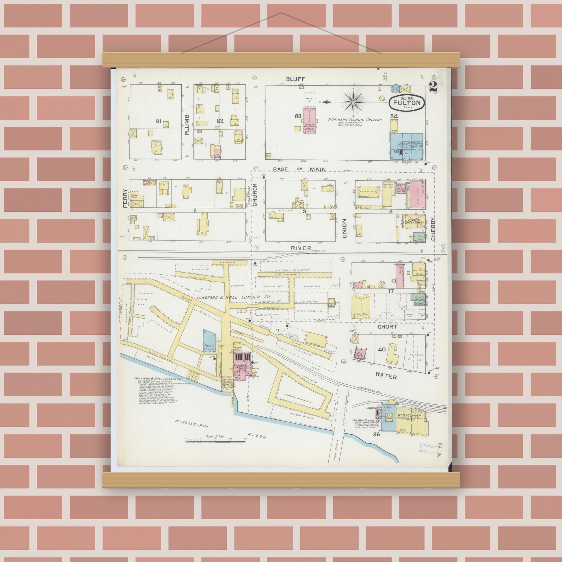 Old map wall art mockup — magnetic wood frame on brick wall — Sanborn Fire Insurance Map from Fulton, Whiteside County, Illinois (1892), Sheet #0002
