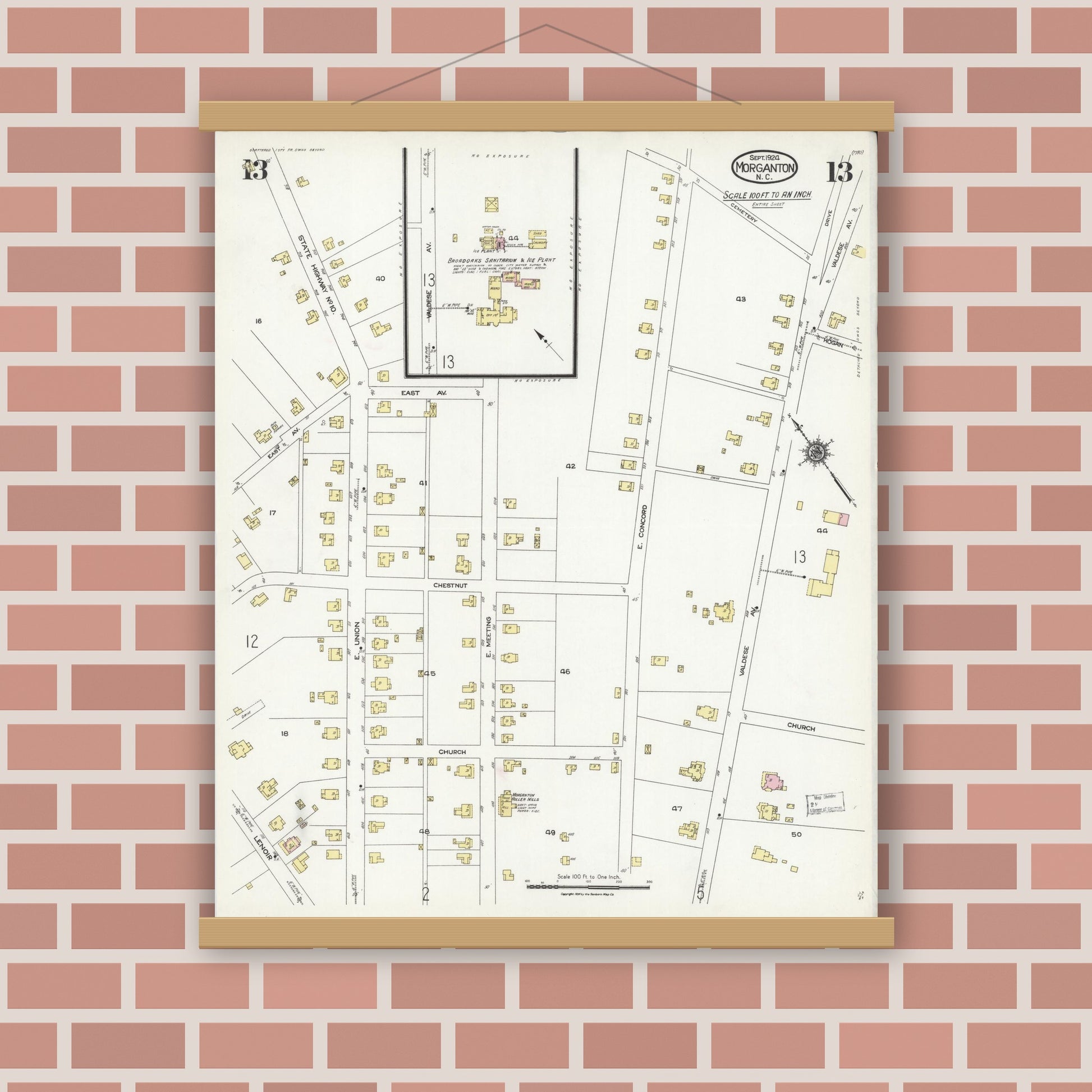Old map wall art mockup — magnetic wood frame on brick wall — Sanborn Fire Insurance Map from Morganton, Burke County, North Carolina (1924), Sheet #0013
