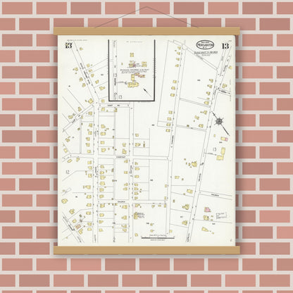 Old map wall art mockup — magnetic wood frame on brick wall — Sanborn Fire Insurance Map from Morganton, Burke County, North Carolina (1924), Sheet #0013