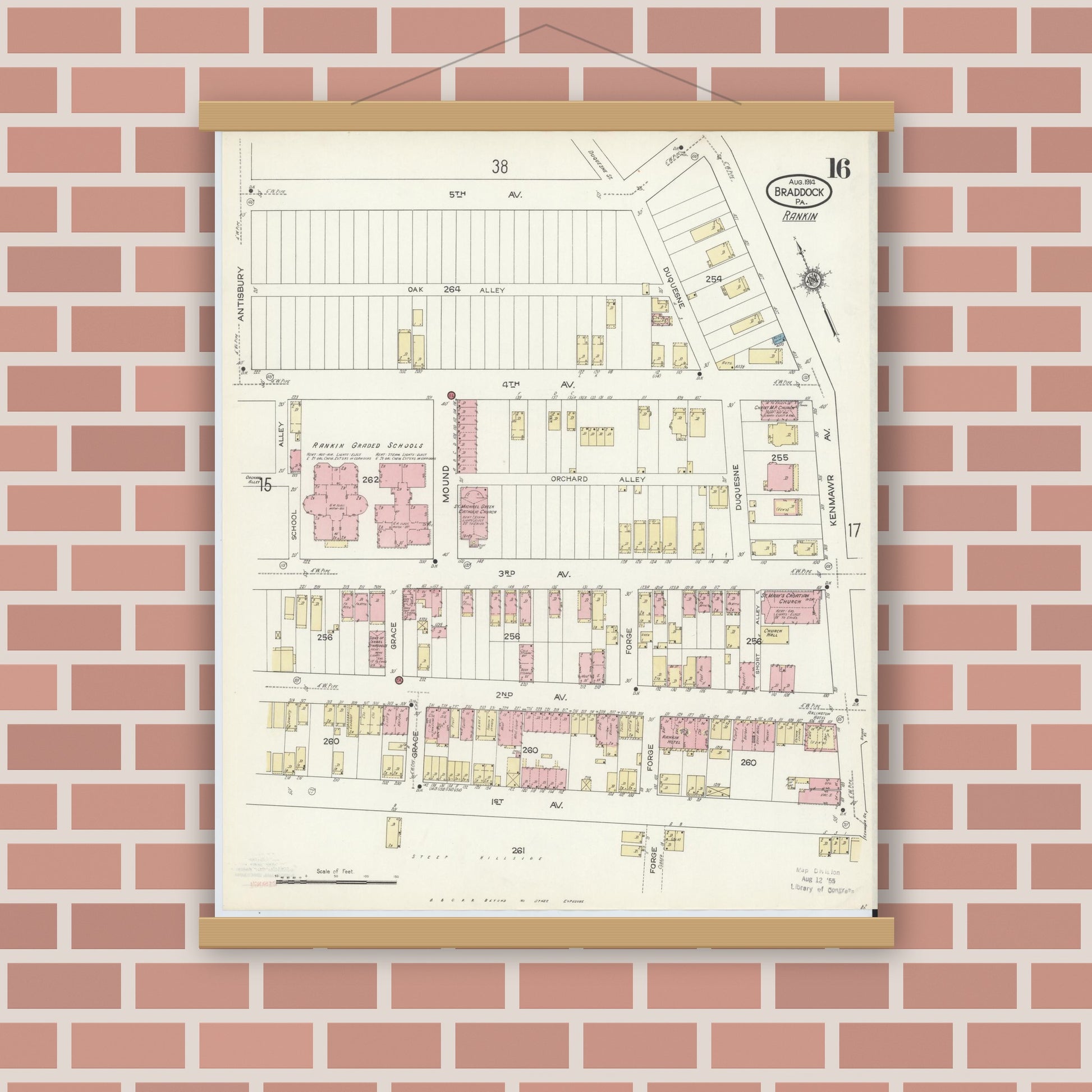 Old map wall art mockup — magnetic wood frame on brick wall — Sanborn Fire Insurance Map from Braddock, Allegheny County, Pennsylvania (1914), Sheet #0016