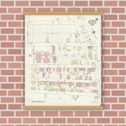 Old map wall art mockup — magnetic wood frame on brick wall — Sanborn Fire Insurance Map from Braddock, Allegheny County, Pennsylvania (1914), Sheet #0016