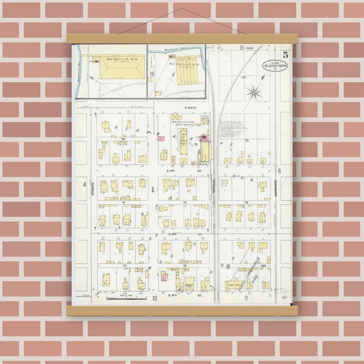 Old map wall art mockup — magnetic wood frame on brick wall — Sanborn Fire Insurance Map from Beardstown, Cass County, Illinois (1906), Sheet #0005