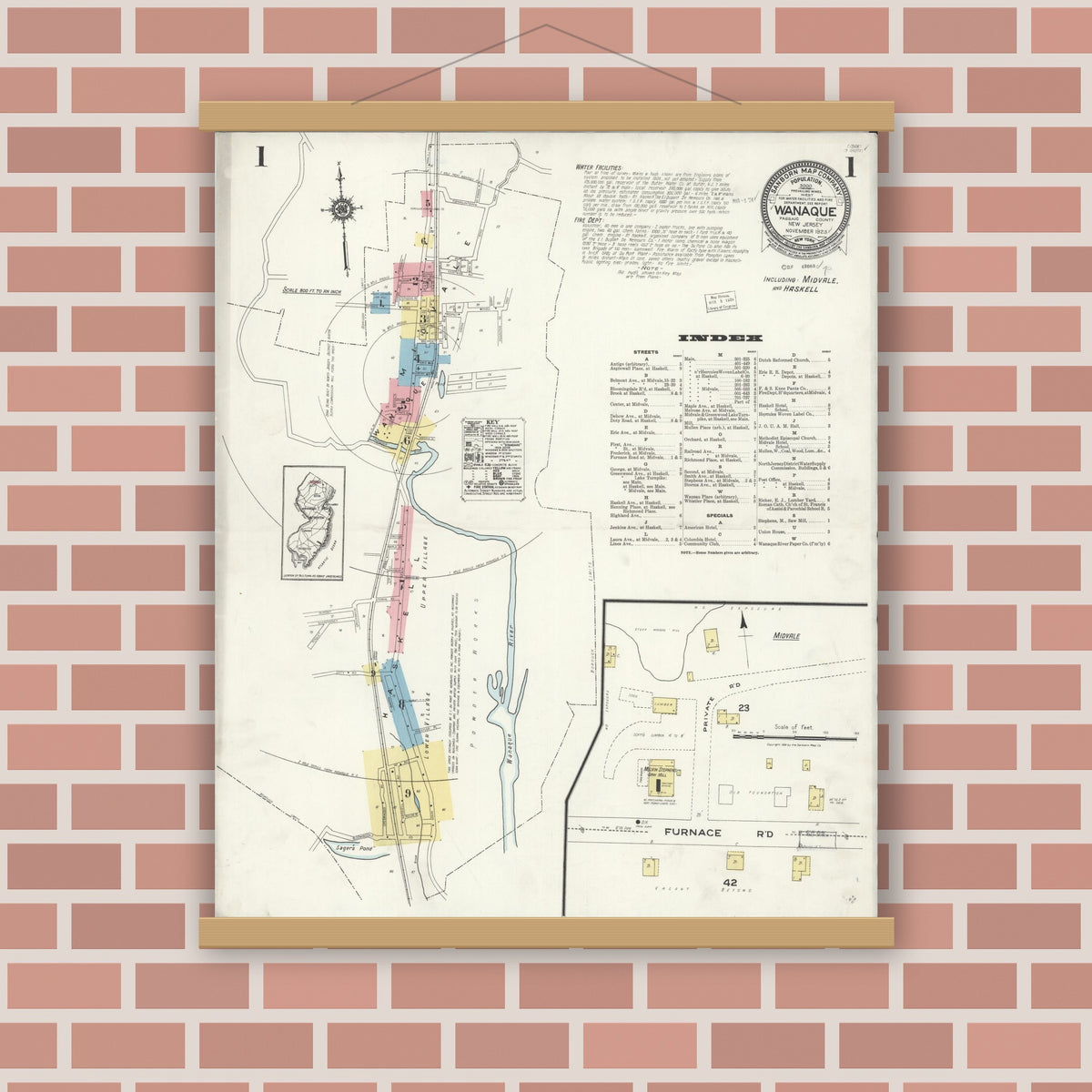 Old map wall art mockup — magnetic wood frame on brick wall — Sanborn Fire Insurance Map from Wanaque, Passaic County, New Jersey (1923), Sheet #0001