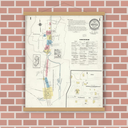 Old map wall art mockup — magnetic wood frame on brick wall — Sanborn Fire Insurance Map from Wanaque, Passaic County, New Jersey (1923), Sheet #0001