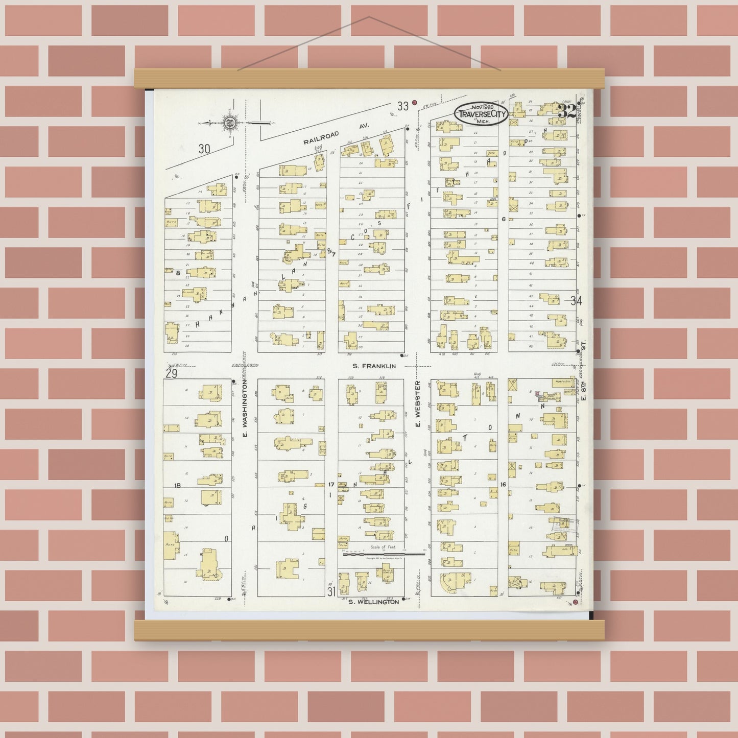 Old map wall art mockup — magnetic wood frame on brick wall — Sanborn Fire Insurance Map from Traverse City, Grand Traverse County, Michigan (1920), Sheet #0032