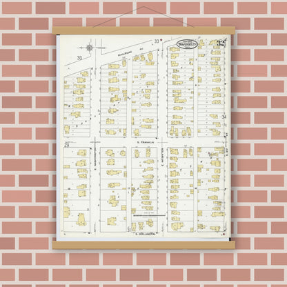 Old map wall art mockup — magnetic wood frame on brick wall — Sanborn Fire Insurance Map from Traverse City, Grand Traverse County, Michigan (1920), Sheet #0032