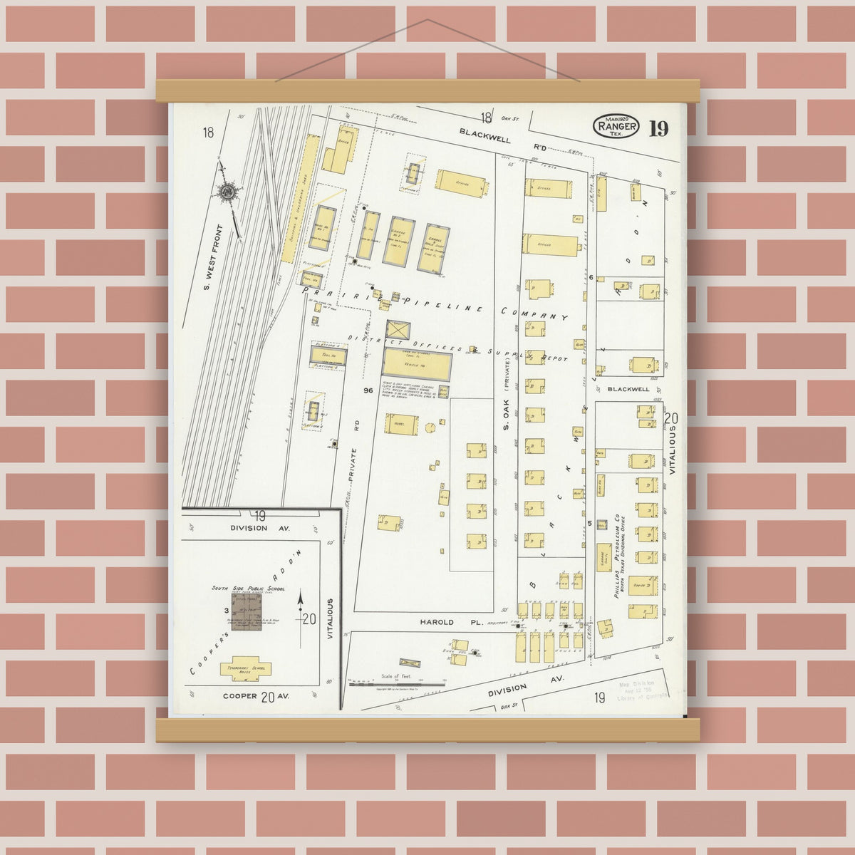 Old map wall art mockup — magnetic wood frame on brick wall — Sanborn Fire Insurance Map from Ranger, Eastland County, Texas (1920), Sheet #0019