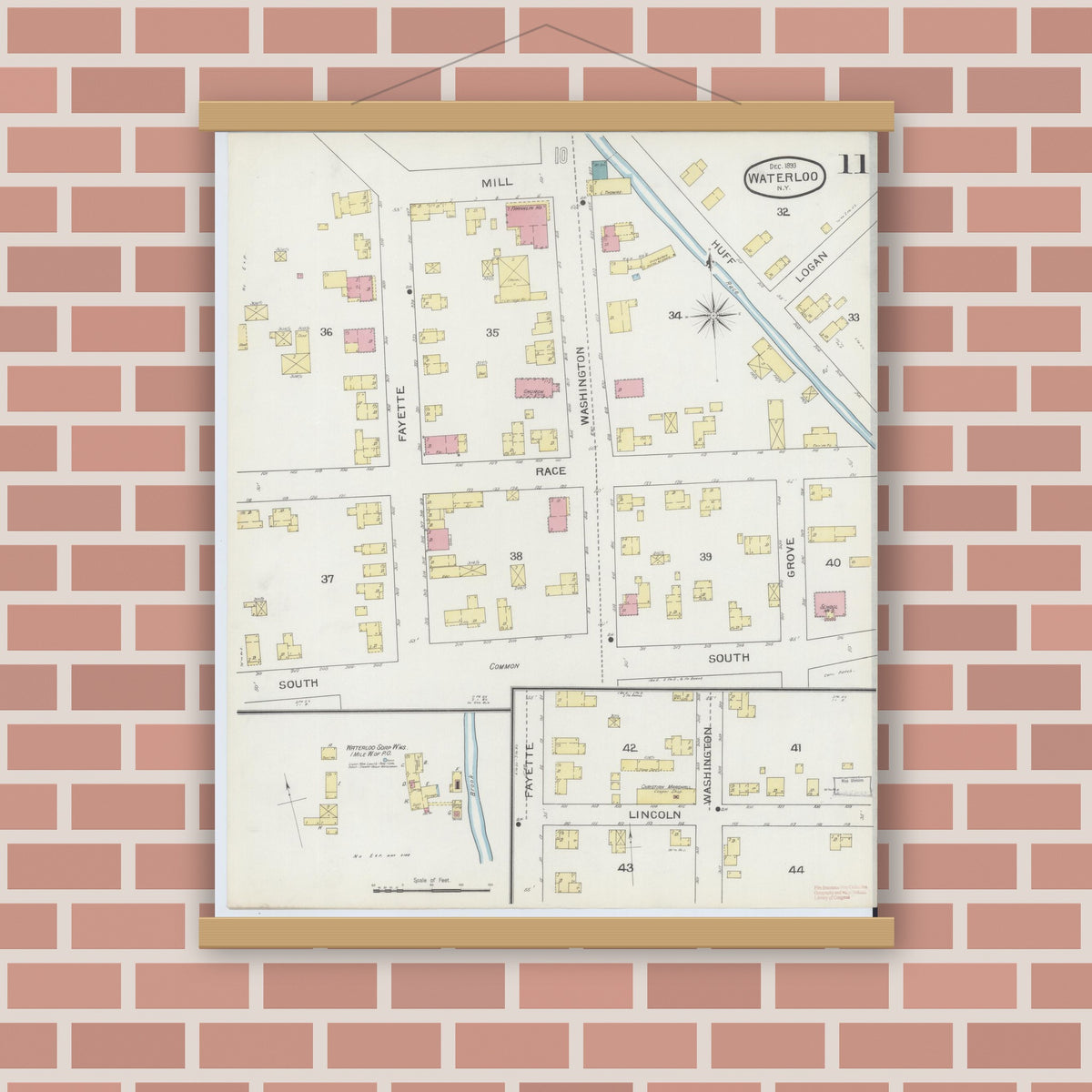 Old map wall art mockup — magnetic wood frame on brick wall — Sanborn Fire Insurance Map from Waterloo, Seneca County, New York (1893), Sheet #0011