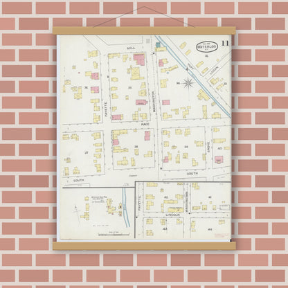 Old map wall art mockup — magnetic wood frame on brick wall — Sanborn Fire Insurance Map from Waterloo, Seneca County, New York (1893), Sheet #0011