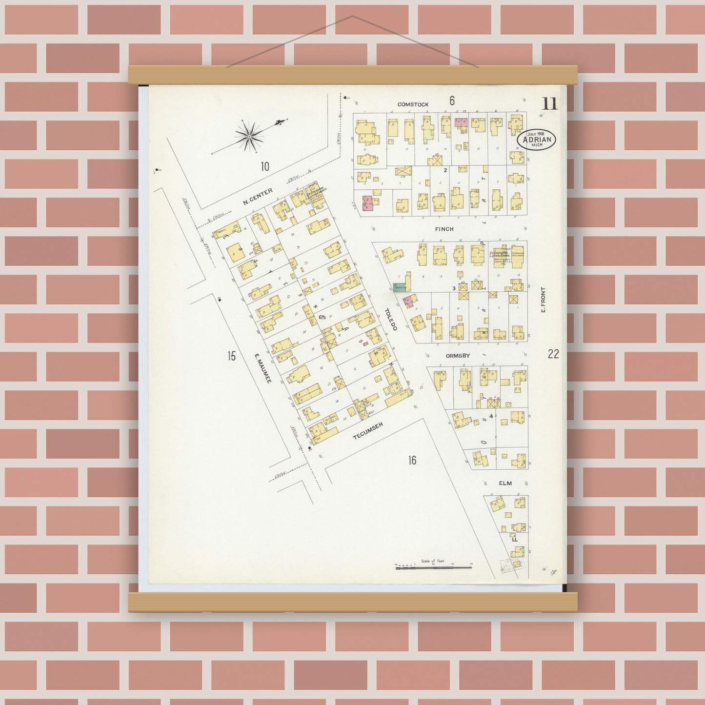 Old map wall art mockup — magnetic wood frame on brick wall — Sanborn Fire Insurance Map from Adrian, Lenawee County, Michigan (1908), Sheet #0011