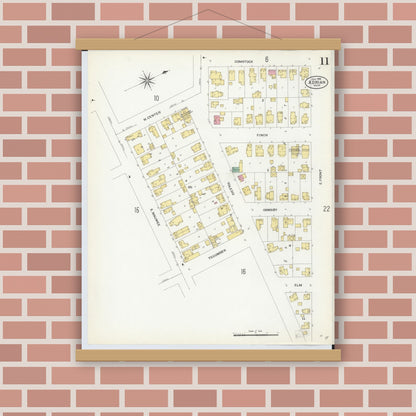 Old map wall art mockup — magnetic wood frame on brick wall — Sanborn Fire Insurance Map from Adrian, Lenawee County, Michigan (1908), Sheet #0011