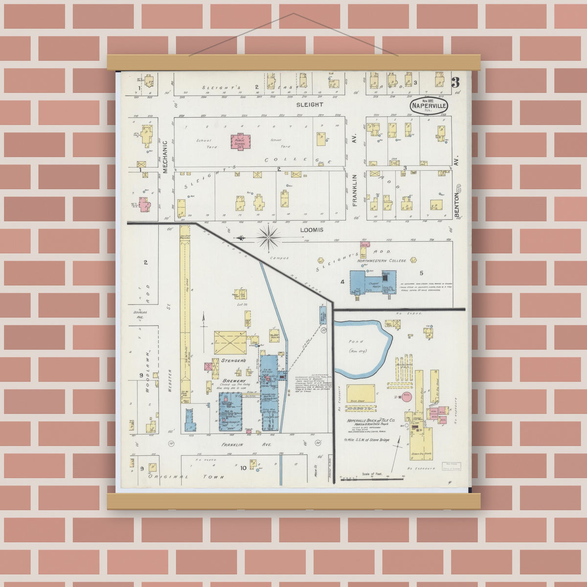 Old map wall art mockup — magnetic wood frame on brick wall — Sanborn Fire Insurance Map from Naperville, Du Page County, Illinois (1892), Sheet #0003