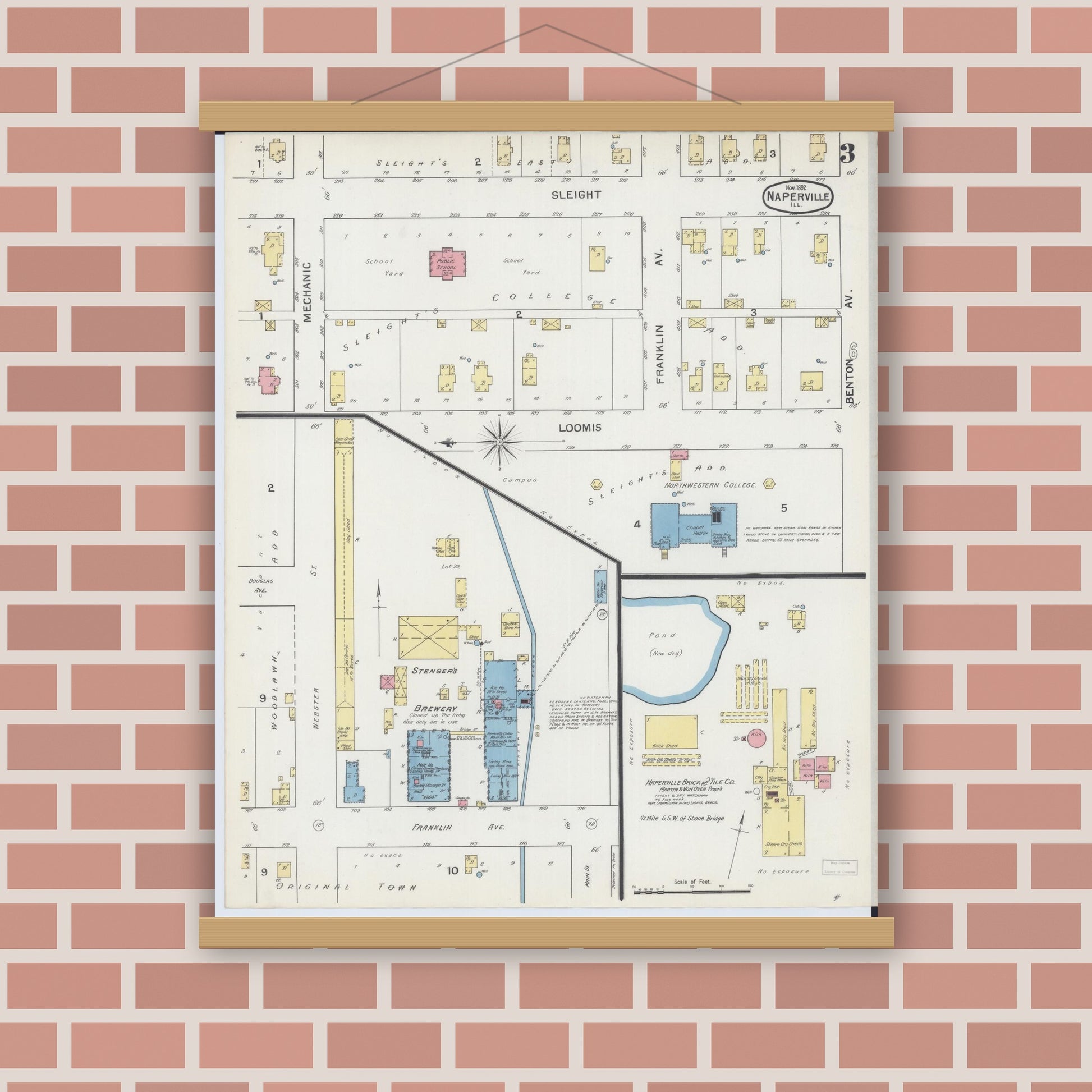 Old map wall art mockup — magnetic wood frame on brick wall — Sanborn Fire Insurance Map from Naperville, Du Page County, Illinois (1892), Sheet #0003