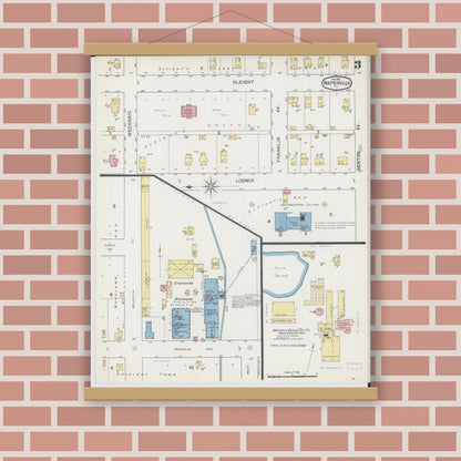 Old map wall art mockup — magnetic wood frame on brick wall — Sanborn Fire Insurance Map from Naperville, Du Page County, Illinois (1892), Sheet #0003