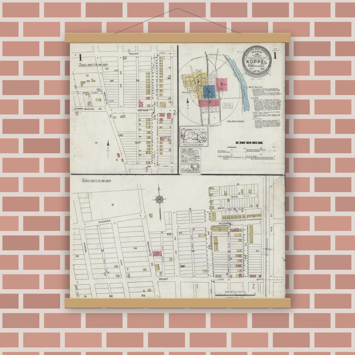 Old map wall art mockup — magnetic wood frame on brick wall — Sanborn Fire Insurance Map from Koppel, Beaver County, Pennsylvania (1923), Sheet #0001