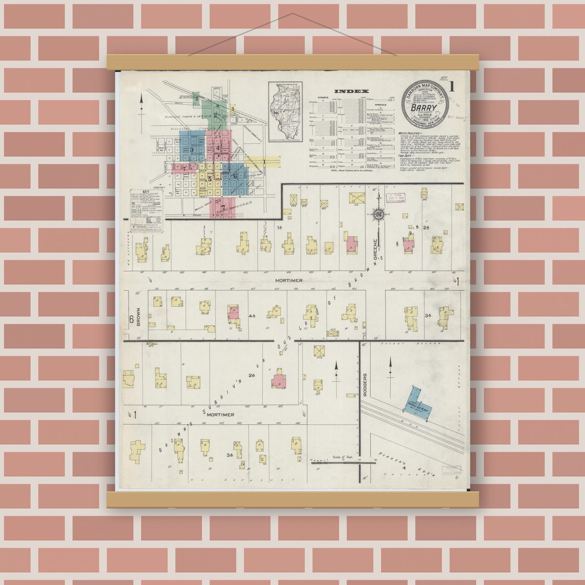 Old map wall art mockup — magnetic wood frame on brick wall — Sanborn Fire Insurance Map from Barry, Pike County, Illinois (1913) - Complete Map Set