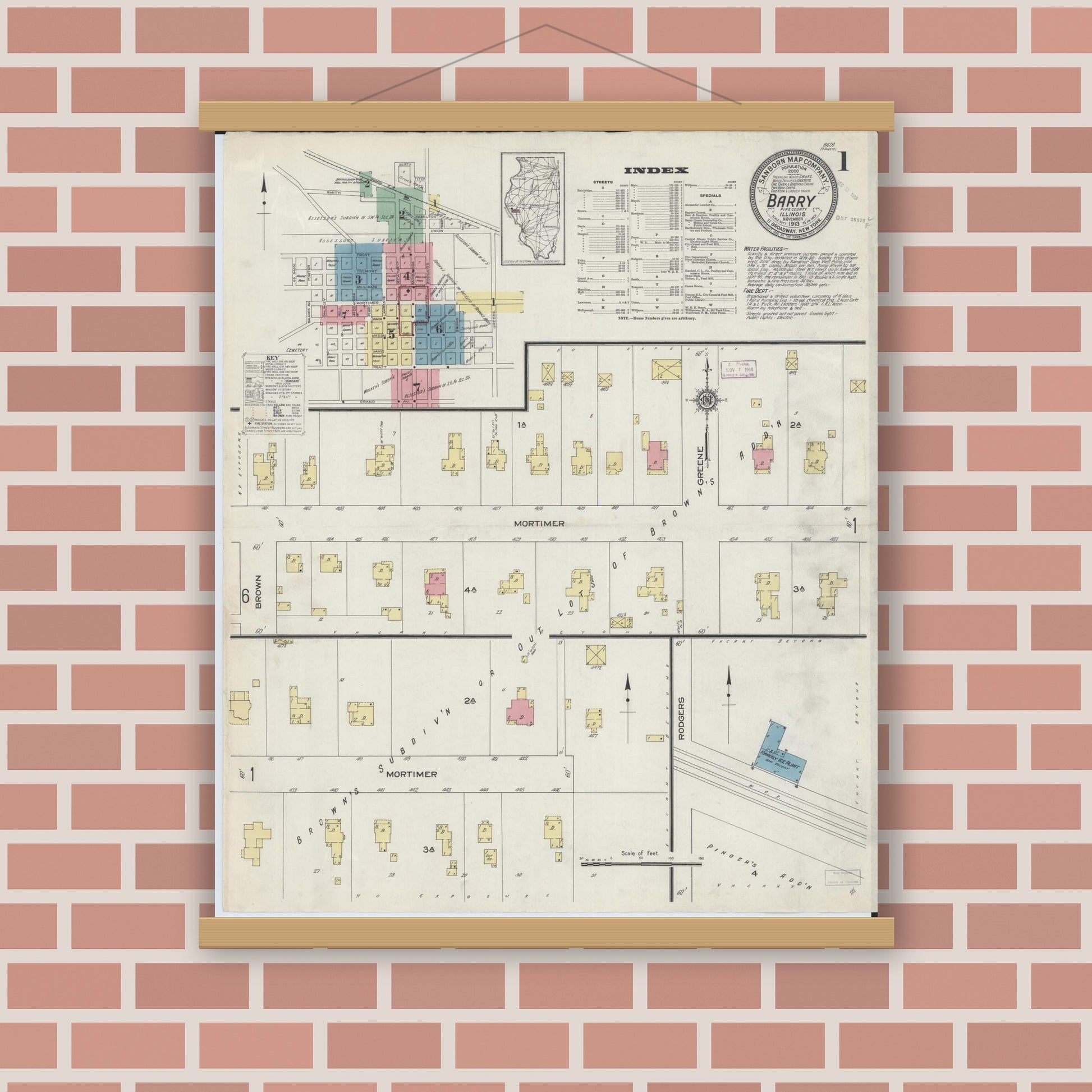 Old map wall art mockup — magnetic wood frame on brick wall — Sanborn Fire Insurance Map from Barry, Pike County, Illinois (1913) - Complete Map Set