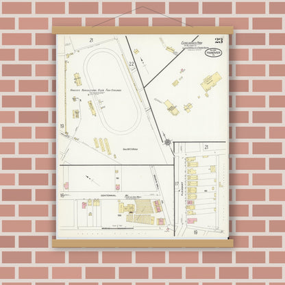Old map wall art mockup — magnetic wood frame on brick wall — Sanborn Fire Insurance Map from Hanover, York County, Pennsylvania (1909), Sheet #0023