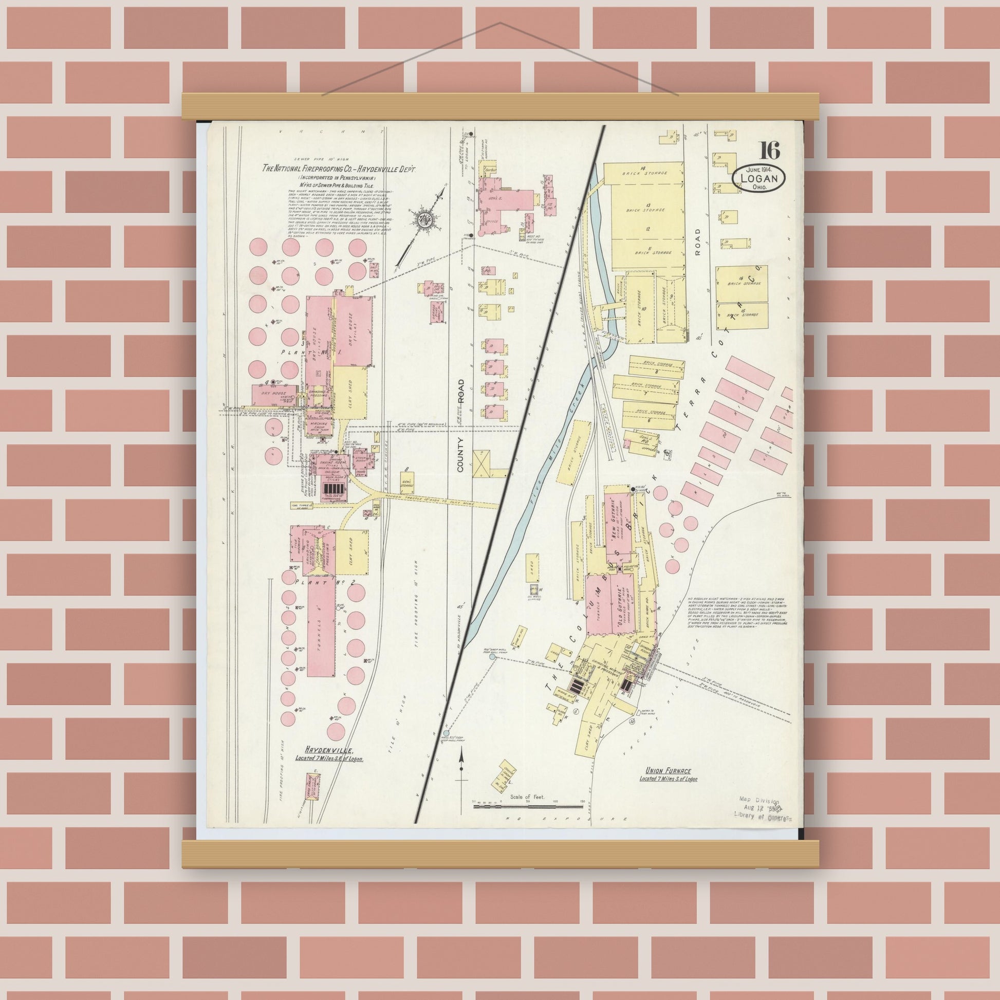 Old map wall art mockup — magnetic wood frame on brick wall — Sanborn Fire Insurance Map from Logan, Hocking County, Ohio (1914), Sheet #0016