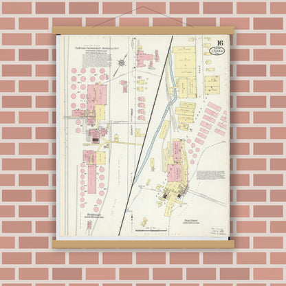 Old map wall art mockup — magnetic wood frame on brick wall — Sanborn Fire Insurance Map from Logan, Hocking County, Ohio (1914), Sheet #0016