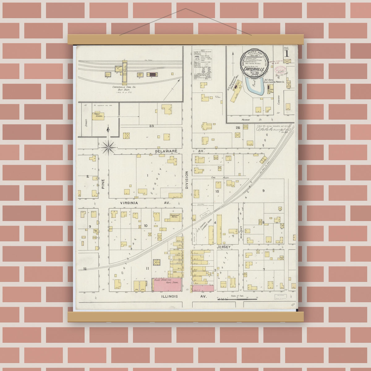 Old map wall art mockup — magnetic wood frame on brick wall — Sanborn Fire Insurance Map from Carterville, Williamson County, Illinois (1894) - Complete Map Set