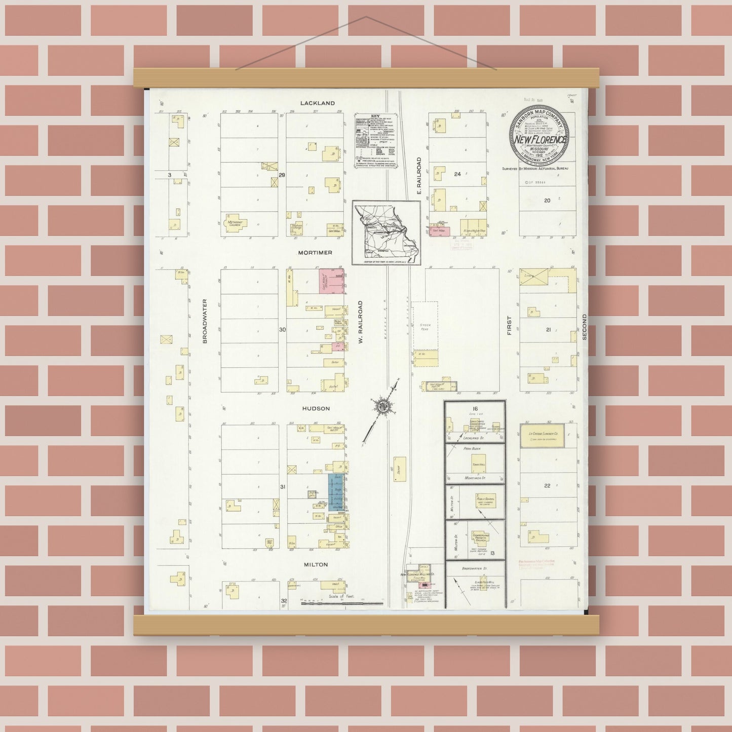 Old map wall art mockup — magnetic wood frame on brick wall — Sanborn Fire Insurance Map from New Florence, Montgomery County, Missouri (1912), Sheet #0001