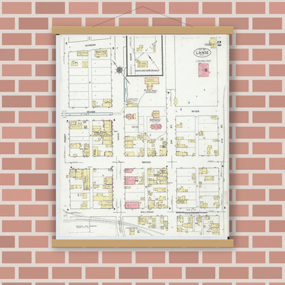 Old map wall art mockup — magnetic wood frame on brick wall — Sanborn Fire Insurance Map from L'Anse, Baraga County, Michigan (1922), Sheet #0002