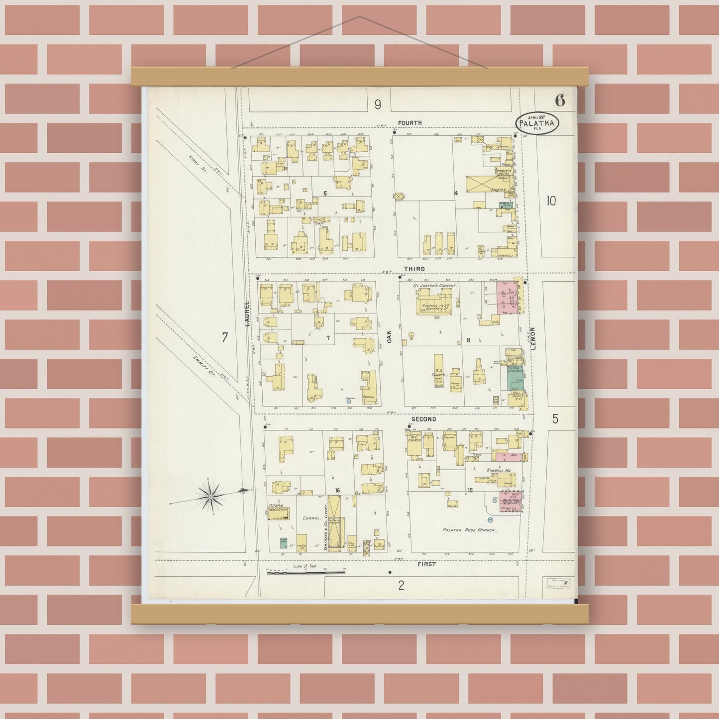 Old map wall art mockup — magnetic wood frame on brick wall — Sanborn Fire Insurance Map from Palatka, Putnam County, Florida (1897), Sheet #0006