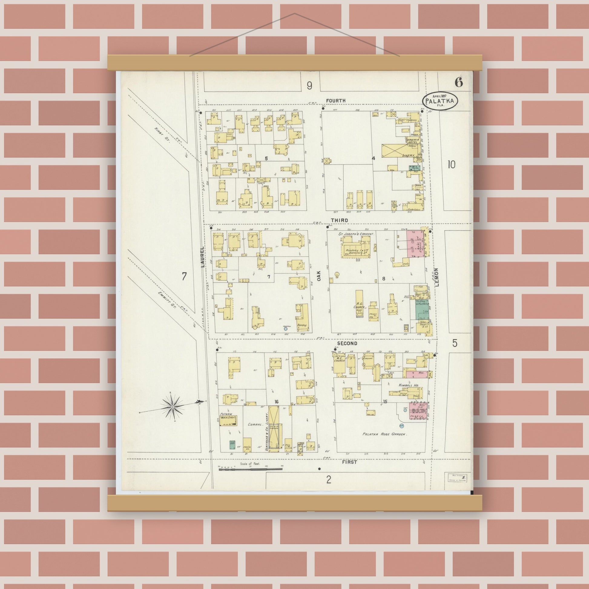 Old map wall art mockup — magnetic wood frame on brick wall — Sanborn Fire Insurance Map from Palatka, Putnam County, Florida (1897), Sheet #0006