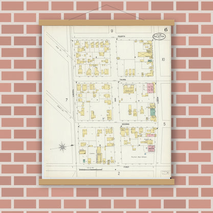 Old map wall art mockup — magnetic wood frame on brick wall — Sanborn Fire Insurance Map from Palatka, Putnam County, Florida (1897), Sheet #0006