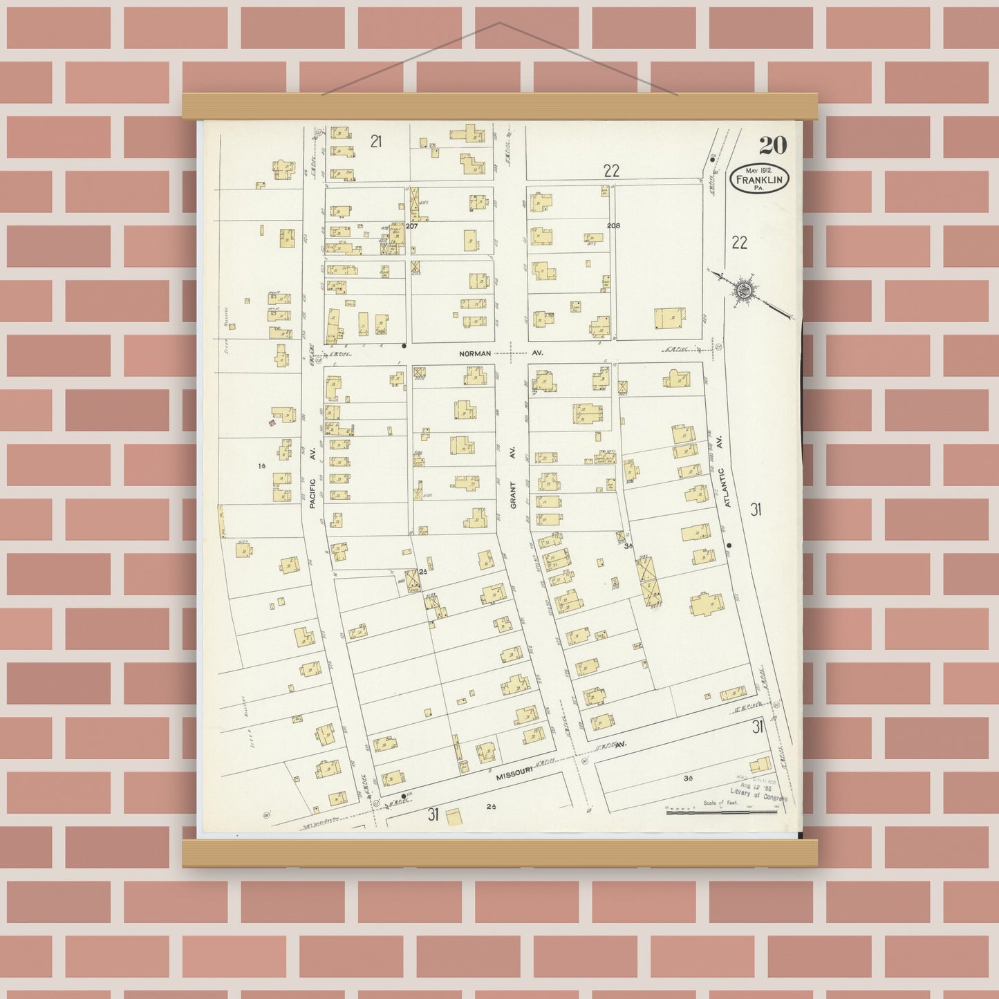 Old map wall art mockup — magnetic wood frame on brick wall — Sanborn Fire Insurance Map from Franklin, Venango County, Pennsylvania (1912), Sheet #0020