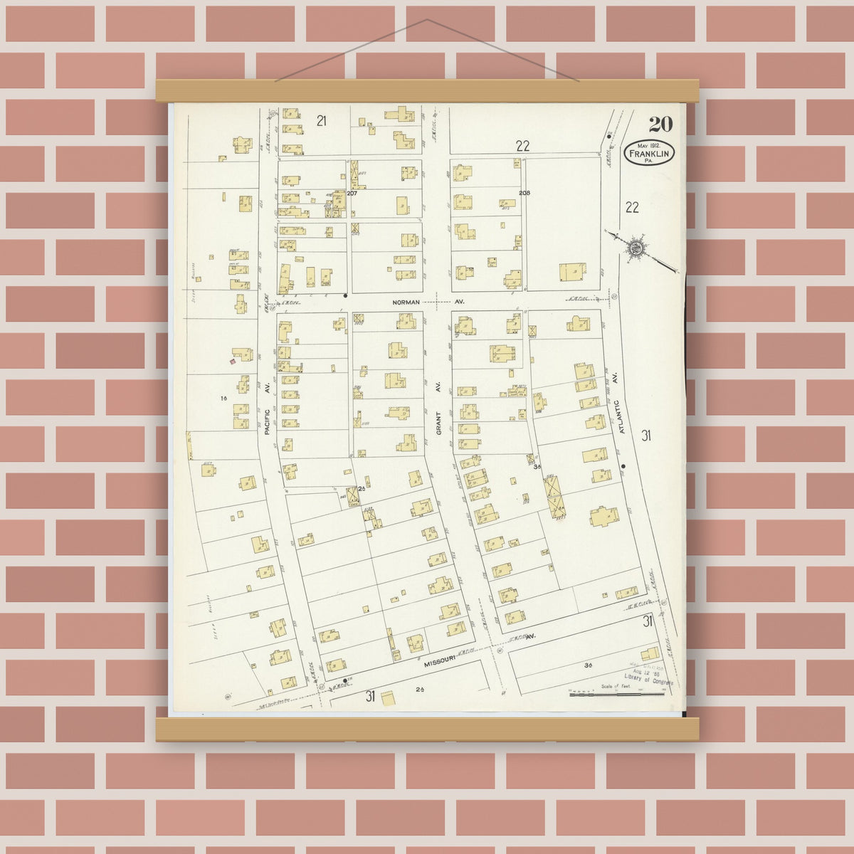 Old map wall art mockup — magnetic wood frame on brick wall — Sanborn Fire Insurance Map from Franklin, Venango County, Pennsylvania (1912), Sheet #0020