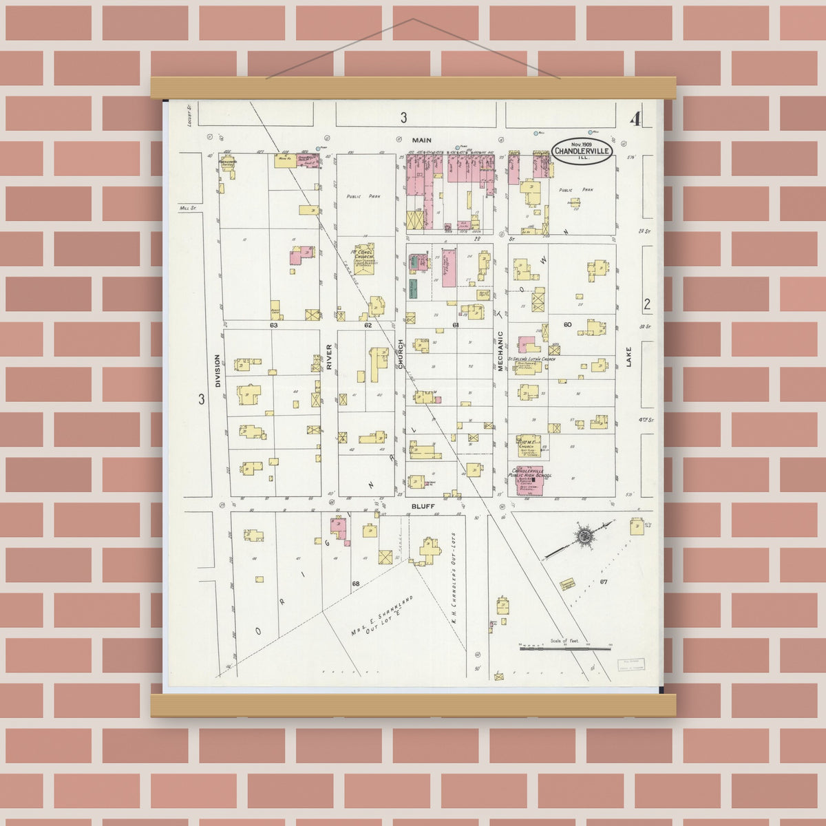 Old map wall art mockup — magnetic wood frame on brick wall — Sanborn Fire Insurance Map from Chandlerville, Cass County, Illinois (1909), Sheet #0004