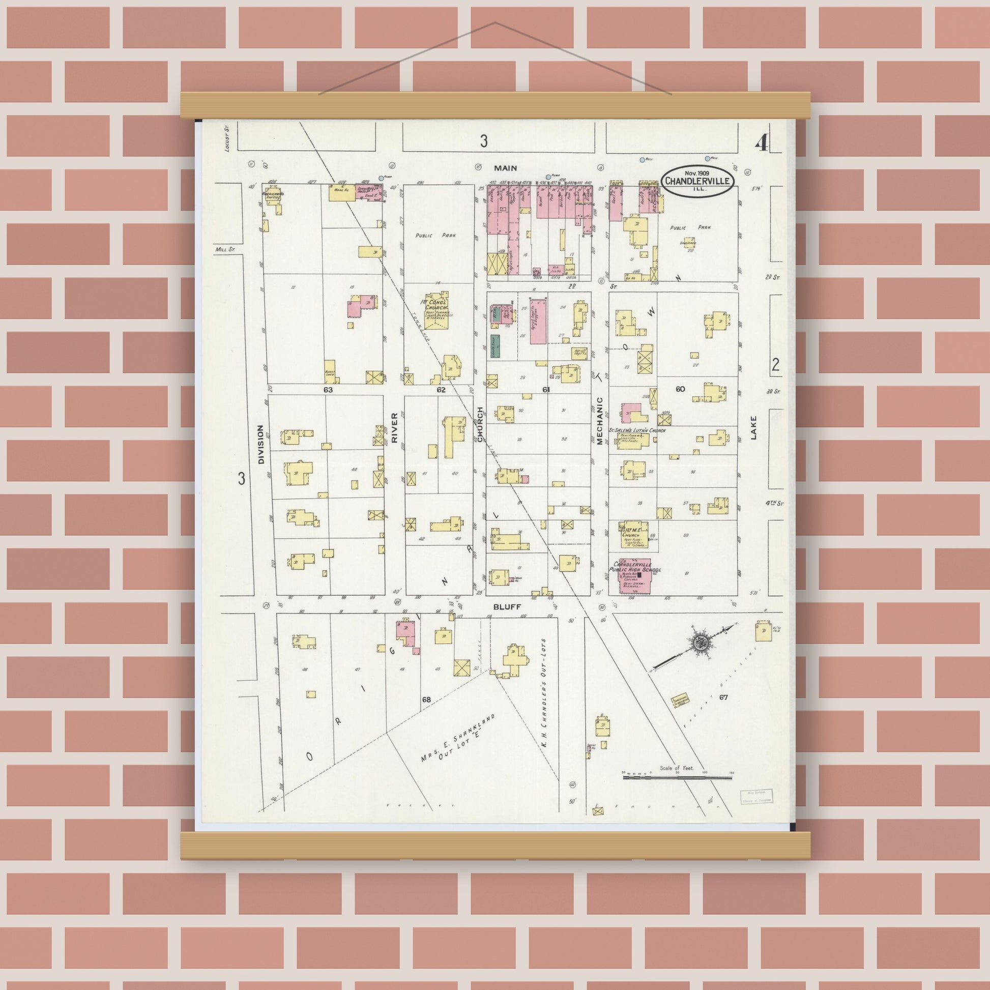 Old map wall art mockup — magnetic wood frame on brick wall — Sanborn Fire Insurance Map from Chandlerville, Cass County, Illinois (1909), Sheet #0004