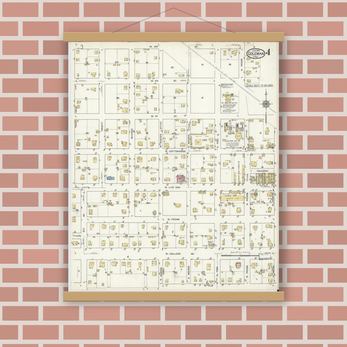 Old map wall art mockup — magnetic wood frame on brick wall — Sanborn Fire Insurance Map from Coleman, Coleman County, Texas (1916), Sheet #0004