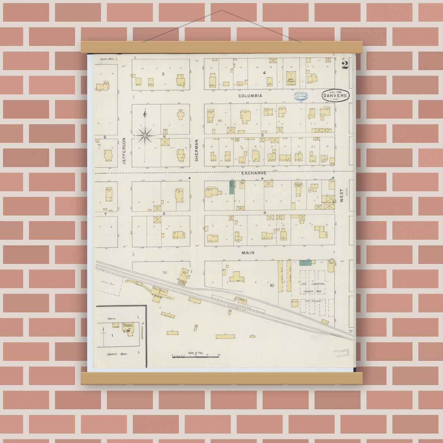 Old map wall art mockup — magnetic wood frame on brick wall — Sanborn Fire Insurance Map from Danvers, McLean County, Illinois (1894), Sheet #0002