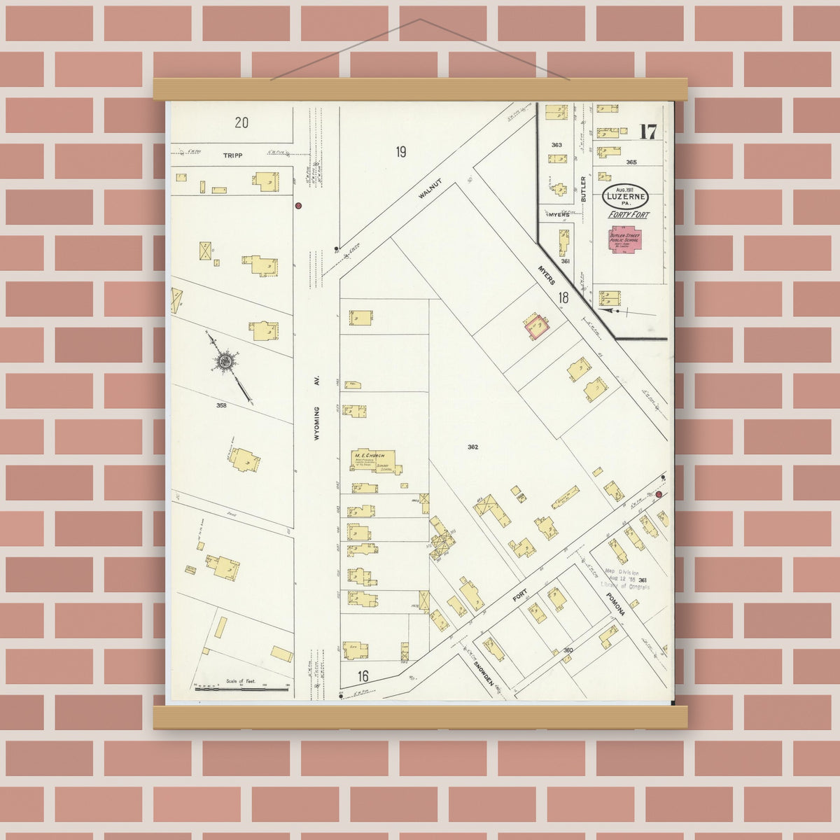 Old map wall art mockup — magnetic wood frame on brick wall — Sanborn Fire Insurance Map from Luzerne, Luzerne County, Pennsylvania (1911), Sheet #0017