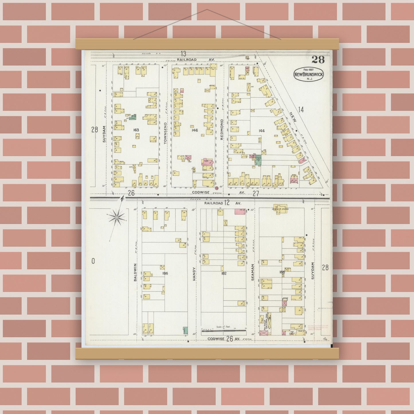 Old map wall art mockup — magnetic wood frame on brick wall — Sanborn Fire Insurance Map from New Brunswick, Middlesex County, New Jersey (1897), Sheet #0028